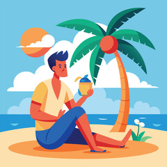 a man is enjoying the summer under the palm tree with a coconut