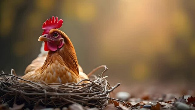 A hen sits contentedly in a nest made of twigs, surrounded by a softly lit autumn background, conveying a peaceful rural vibe