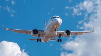 Obraz premium A front-facing view of a passenger airplane approaching for landing with extended landing gear and illuminated lights against a clear blue sky, symbolizing aviation, travel, and transportation.