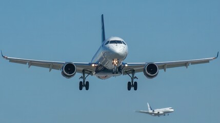 A front-facing view of a passenger airplane approaching for landing with extended landing gear and illuminated lights against a clear blue sky, symbolizing aviation, travel, and transportation.