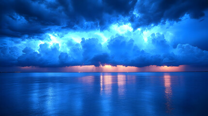 Dark Blue Stormy Ocean with Dramatic Clouds and Sunset Reflection