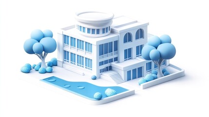 3D model of a modern house with blue trees and a pond, perfect for real estate or architectural presentations