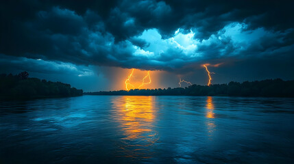 Dark Dramatic Stormy Night Sky Over River with Lightning Bolts