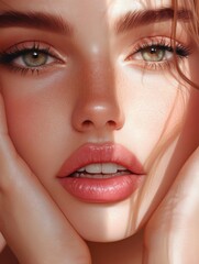 Fototapeta premium skin care for the beautiful woman s face woman portrait with plump lips and long eyelashes cosmetics for facial treatments and manicures on hands face lif
