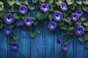 A deep purple morning glory with its trumpet-shaped petals and delicate tendrils, set against a backyard fence backdrop covered in climbing plants and blooming flowers.