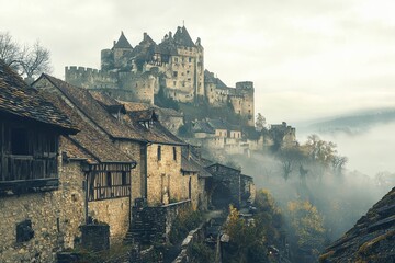 Medieval village beneath a feudal castle on a hill.