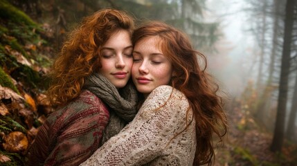 Two women embracing in a misty forest