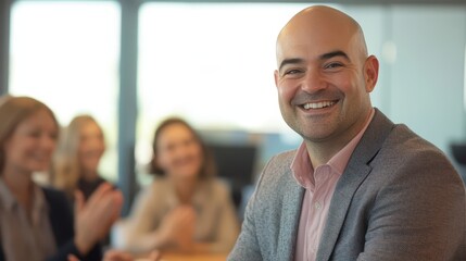 Obraz premium Male and Female Managers Shaking Hands in a Boardroom, with a Diverse Team Smiling and Clapping, Reflecting Partnership and Equality in Business