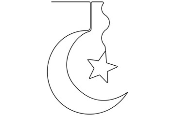 Continuous one line drawing of Crescent moon and star Ramadan isolated on white background outline vector art illustration
