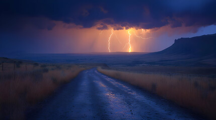 Obraz premium Dramatic Lightning Storm over a Wet Desert Road at Dusk