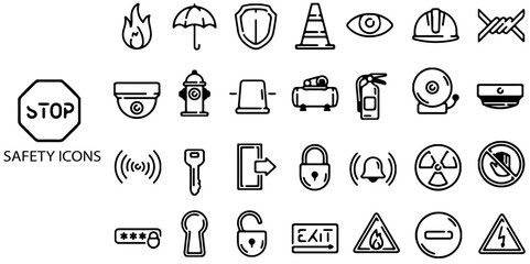 Safety simple concept 28 icons set. Contains such lock, fire, helmet, stop .Vector illustration.