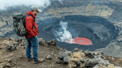 Obraz premium A hiker standing at the edge of an active crater, staring into the molten abyss, awe-inspiring moment