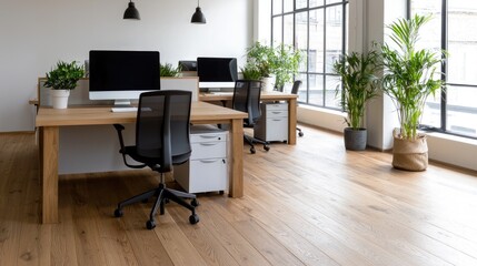 Modern office space with wooden floors and large windows
