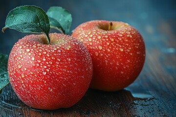 Two fresh red apples with water drops on rustic wood table