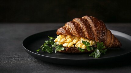 Gourmet croissant with scrambled eggs and fresh herbs on elegant black plate