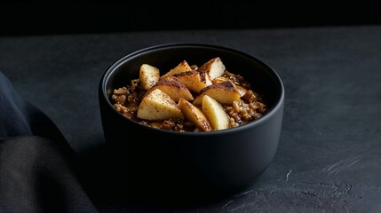 Delicious warm cinnamon apple oatmeal in black bowl for cozy breakfast