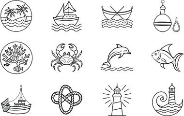 Nautical Icons Ocean, Sea, Boat, Fish, Crab, Lighthouse, Island, Dolphin, Knot, Buoy