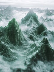Line grid digital representation of mountains or clouds in a futuristic landscape