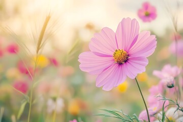 Obraz premium A pink cosmos flower with its delicate, daisy-like petals and feathery foliage, standing out against a summer field of flowers background filled with a mix of colorful blooms, tall grasses, and a clea