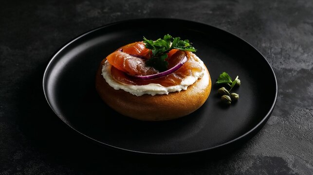 Gourmet bagel with smoked salmon and cream cheese on black plate