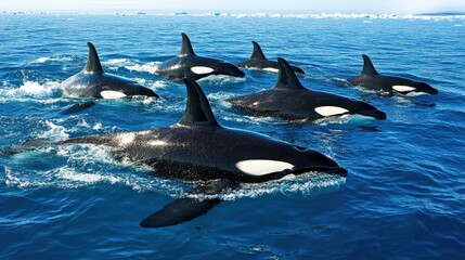 Fototapeta premium A killer whale pod swimming near the Antarctic Peninsula, their dorsal fins breaking the surface