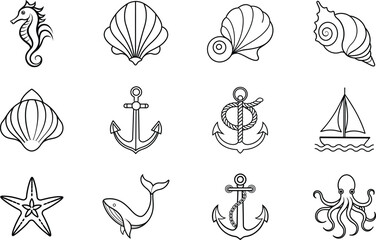 Nautical Ocean Life Sea Creatures, Shells, Anchors, and Sailboat
