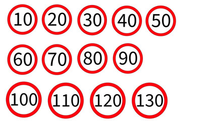 Vector high quality flat style collection set of generic speed limit signs with black number and red circle 
