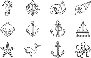 Fototapeta premium Nautical Ocean Life Icons Seashells, Anchors, and Sea Creatures
