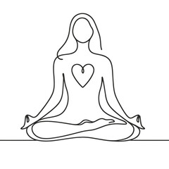 Minimalist one-line drawing of a woman meditating in lotus pose with a heart symbol on her chest. Elegant continuous line art representing mindfulness, inner peace, self-love, yoga, and spiritual well