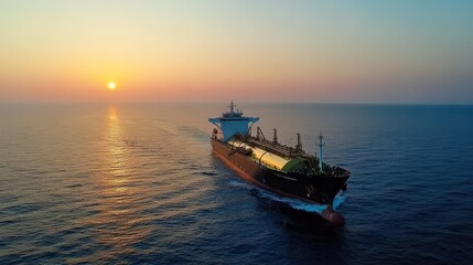 Obraz premium A large ship carrying liquefied natural gas, sailing across calm waters at dusk, global energy transport