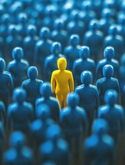Obraz premium Yellow Figure Standing Out in a Crowd of Blue Figures, Symbolizing Individuality, Leadership, and Unique Identity in Recruitment and Business Strategy.
