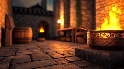 Medieval kitchen scene with a simmering pot, stone walls, and warm glowing fire in the background