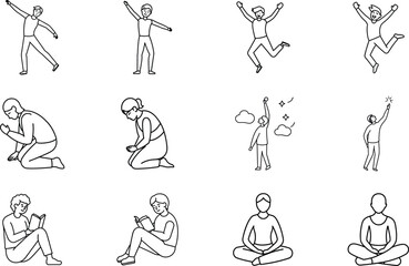 Diverse Human Poses Line Art Illustrations of Activities and Emotions