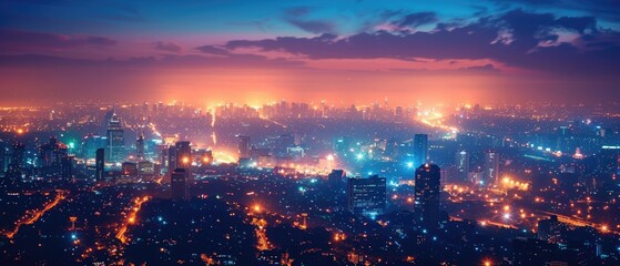 Obraz premium A stunning cityscape at dusk with vibrant lights illuminating the skyline and a colorful sky creating a beautiful urban evening scene.