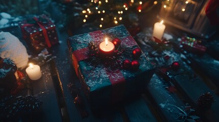 Obraz premium Christmas Gift Box with Candlelight and Snow Festive Winter Scene
