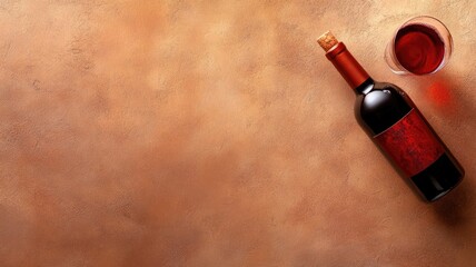 Bottle and glass of red wine on textured surface