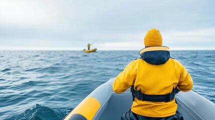A person wearing a yellow coat and hat is driving a boat on the water There is another boat and fisherman in the distance