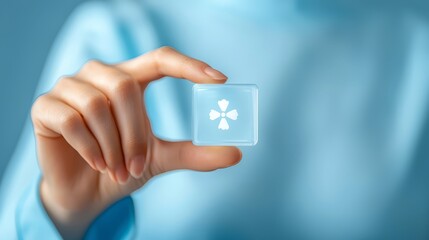 Hand holding glass button with person icon, symbolizing connection and user interface in digital world