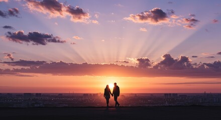 Fototapeta premium Couple Silhouette at Sunset Over City - Romantic couple silhouetted against a vibrant sunset, overlooking a cityscape. Symbolizing love, hope, togetherness, dreams, and new beginnings.