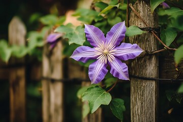 A purple clematis flower with its star-shaped petals and delicate tendrils, positioned against a rustic garden fence backdrop covered in vines and climbing plants.
