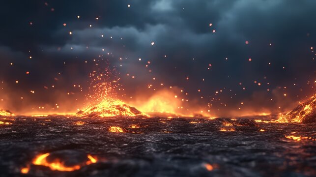 A lava fountain shooting into the air, embers glowing against the dark night sky, dynamic energy