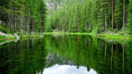 Obraz premium Scenic forest lake with lush green trees and mirror reflection