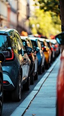 Obraz premium Electric vehicles are parked along a clean urban street with charging stations visible nearby