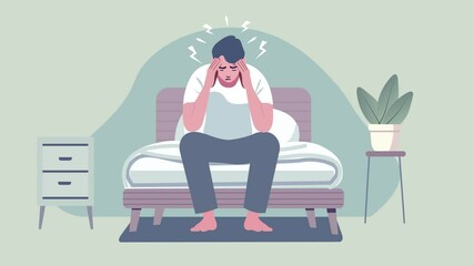 Man sitting on a bed, holding his head with both hands, portraying discomfort from a headache and sleep disorder. Insomnia, stress, and fatigue Concept