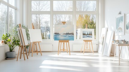 Bright Artist Studio with Artworks Filled with Natural Light Creating an Inspiring Space for Artistic Expression and Landscape Painting