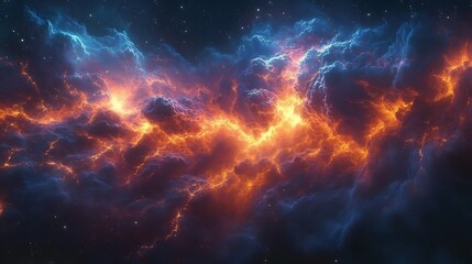 Vibrant cosmic nebula with swirling clouds and fiery colors illuminating the night sky