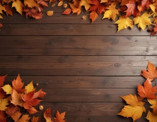 Obraz premium Warm autumn leaves scattered on wooden surface background, fall foliage, thanksgiving table decoration