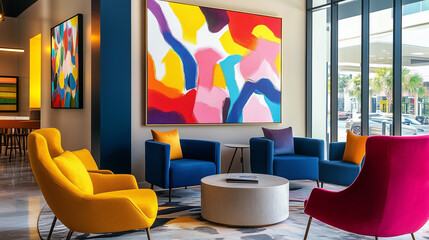 Vibrant abstract artwork in a modern hotel lobby closeup, featuring energetic forms and bold colors that create a striking visual impact.