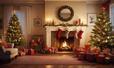 Warm and cozy Christmas living room with stockings and ornaments, colorful ornaments, festive stockings, snug atmosphere