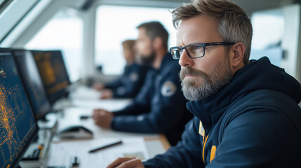 Focused Caucasian ship officer with beard navigating using electronic charts ensuring safe passage Professionalism & tech in maritime transport